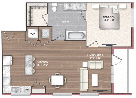 Floor plan for 1 bed, 1 bath, 867 sqft